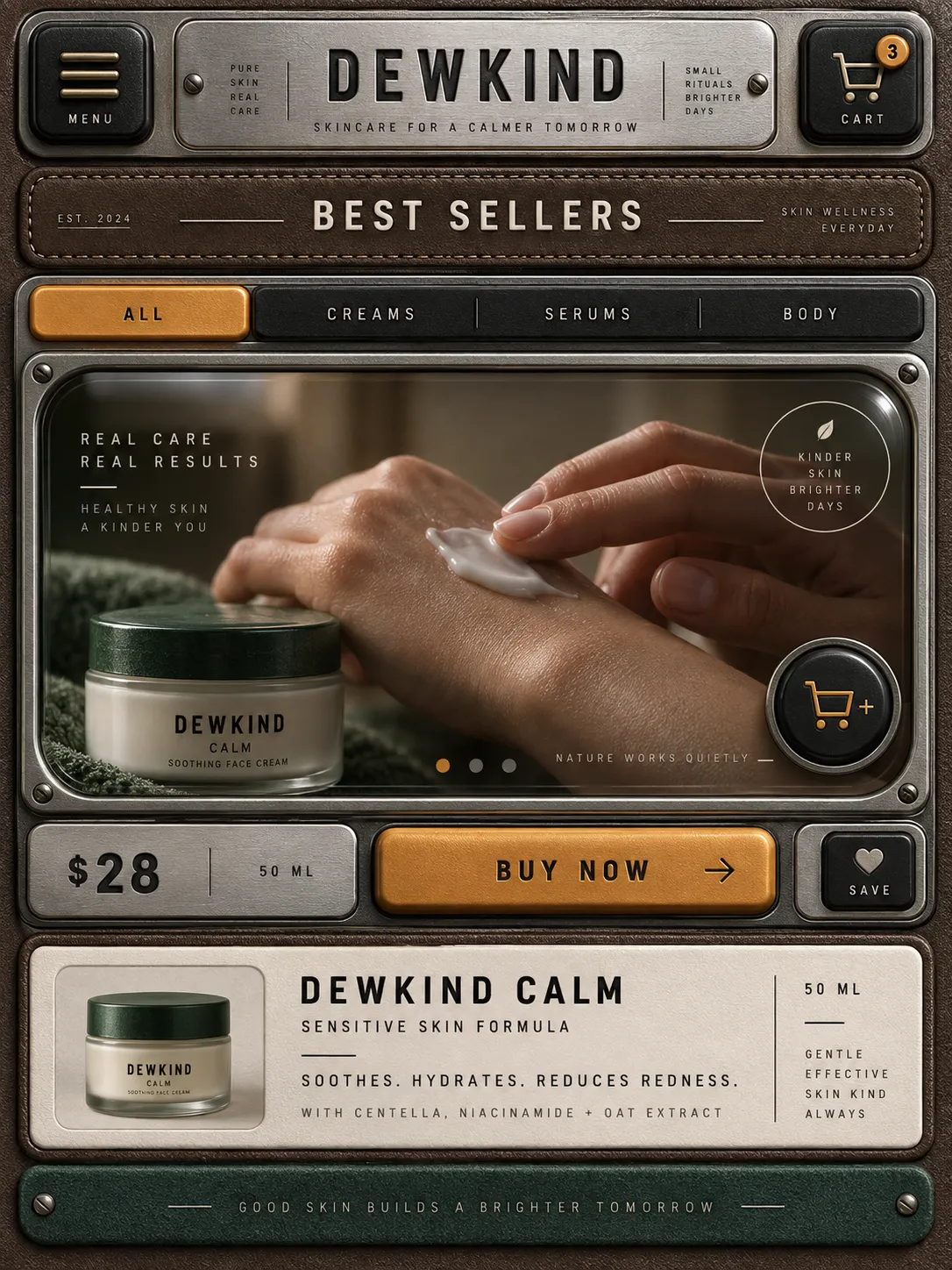 A single commerce screen: category tabs, one large product image and a summary card.