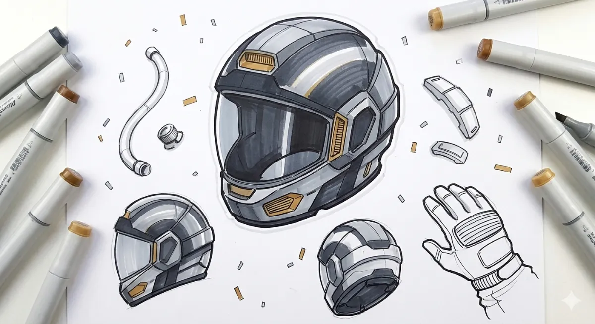 + A modern minimal astronaut helmet inspired by Porsche Design patterns. 1 main angle and 2 smaller sketches from 2 angles. around on paper a few small parts some uncolored, part of an astronaut glove.