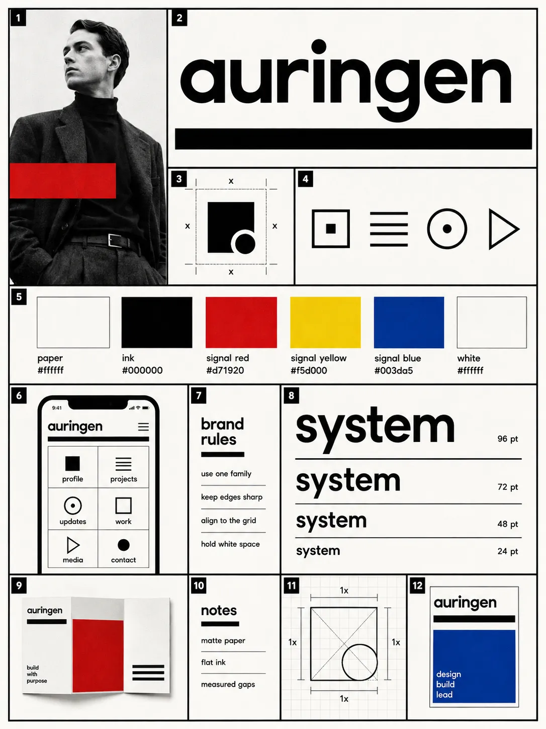 Six manual pages in sequence — the clear space stated in letterform intervals, and the icon row drawn at the same stroke weight as the type beside it.