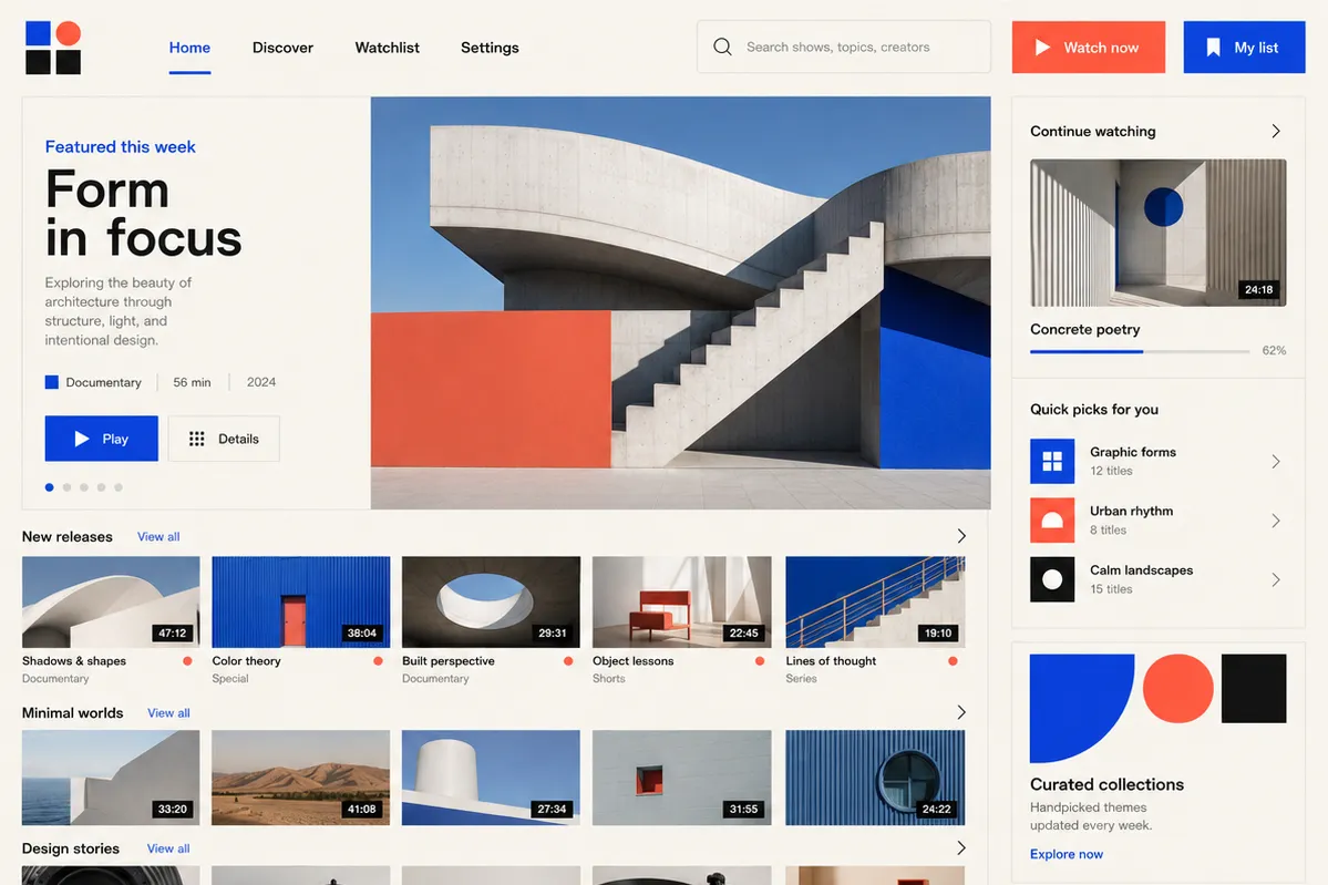 Three rows of thumbnails narrowing toward the foot — content arranged with the same discrete, countable logic the mark itself uses.