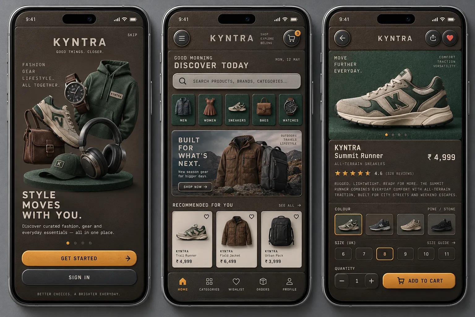 Onboarding, home and product detail — one style across three screens.