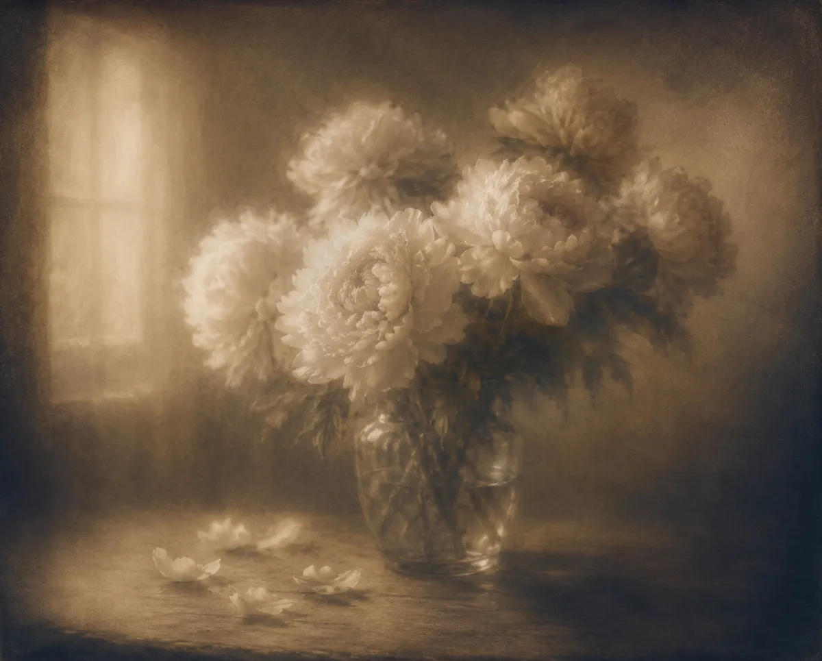Petals, glass, and wood grain share one consistent painterly finish.