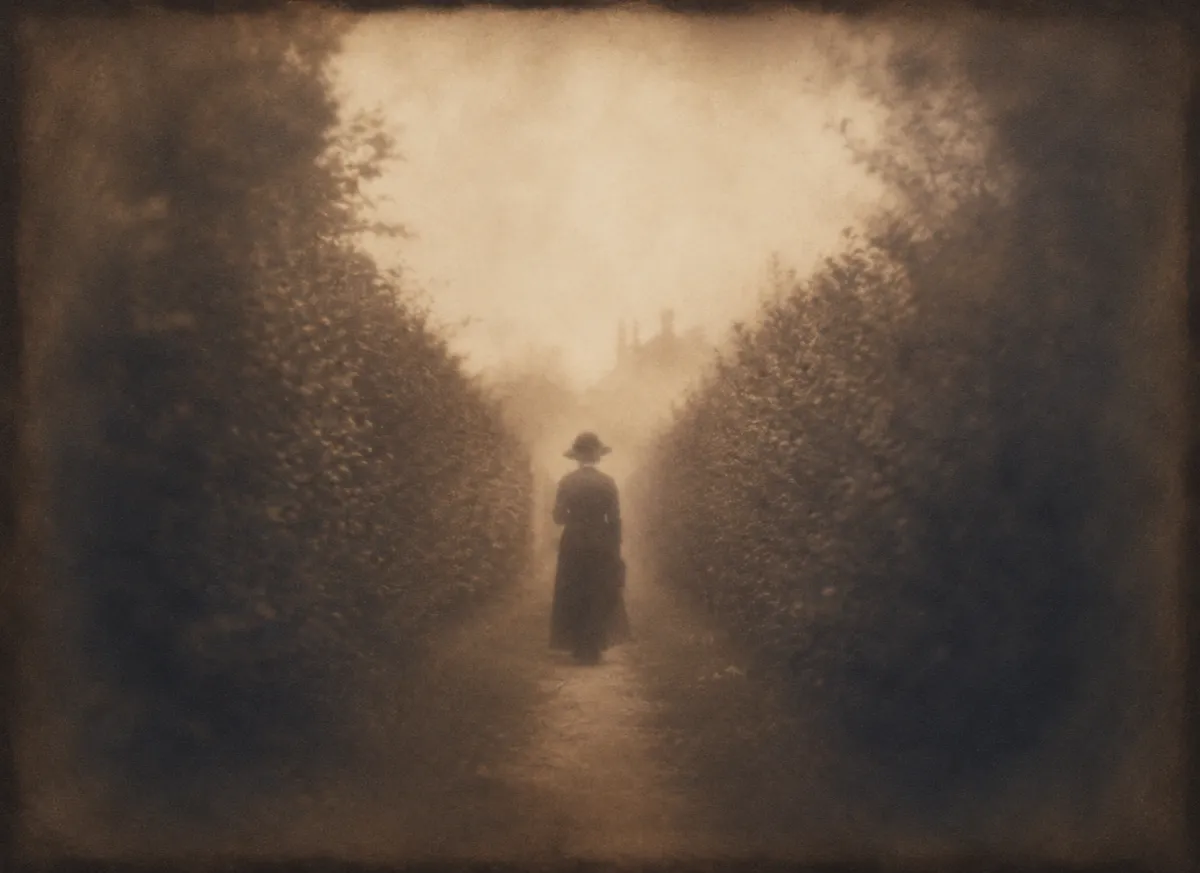 The distant figure and the hedges resolve with the same gentle diffusion throughout.