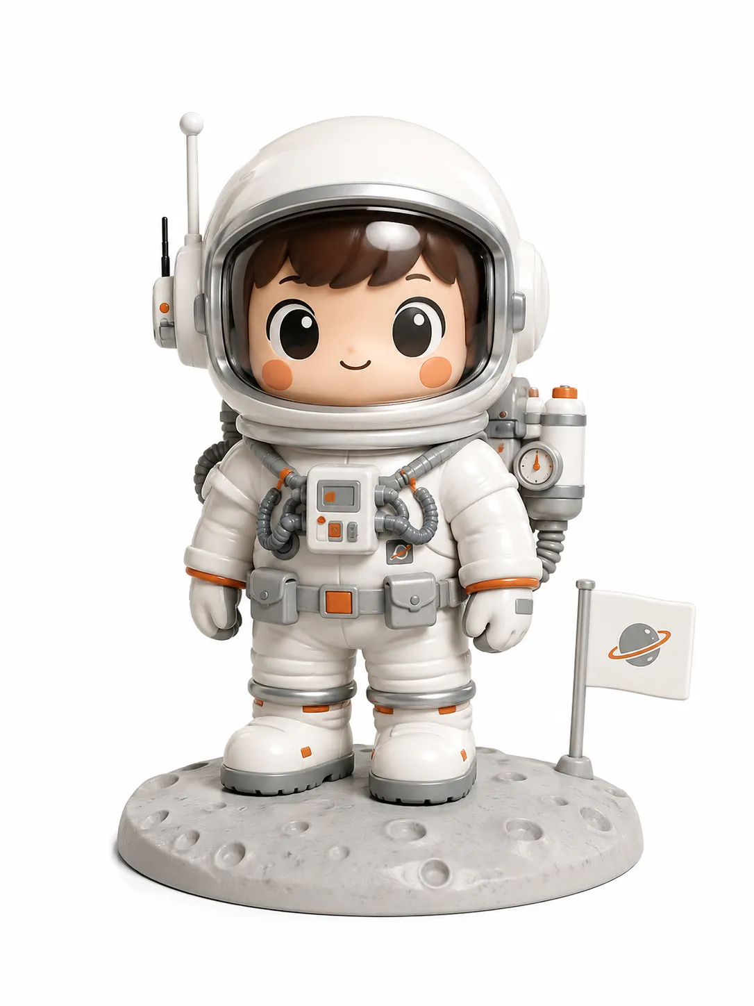 An astronaut character built as a designer toy, staged like a product hero shot.