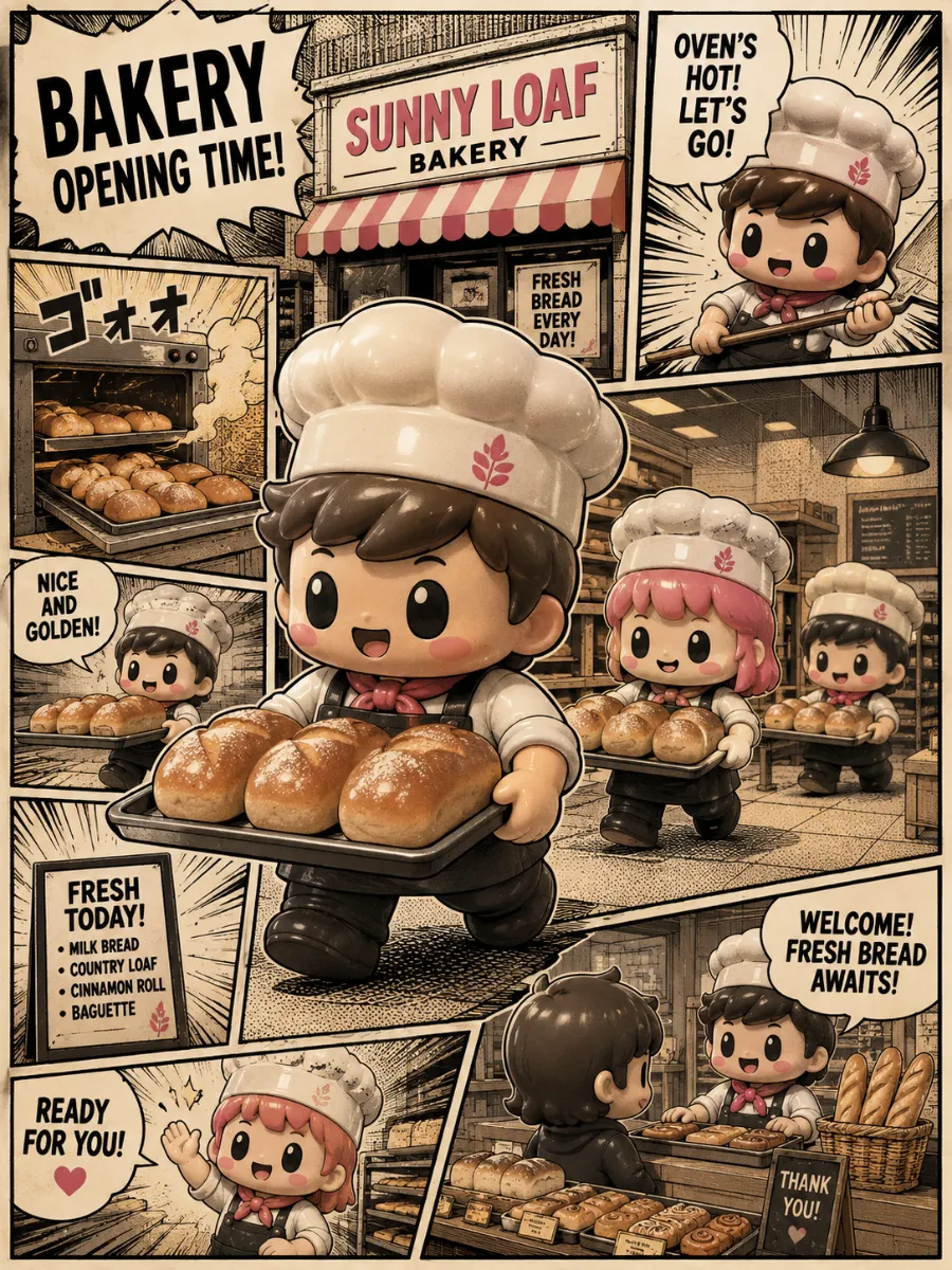 A bakery at opening time with trays of loaves being carried out to the front counter.
