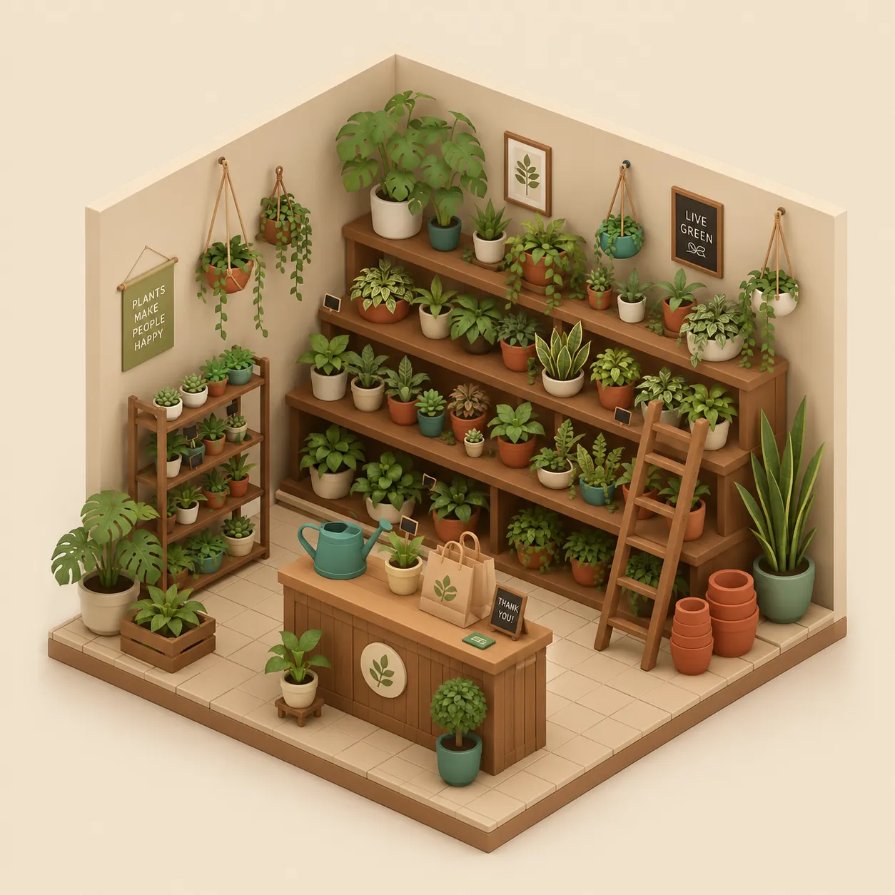 A plant shop packed with greenery, shown as a floating isometric room in the Isometric Room Diorama style.