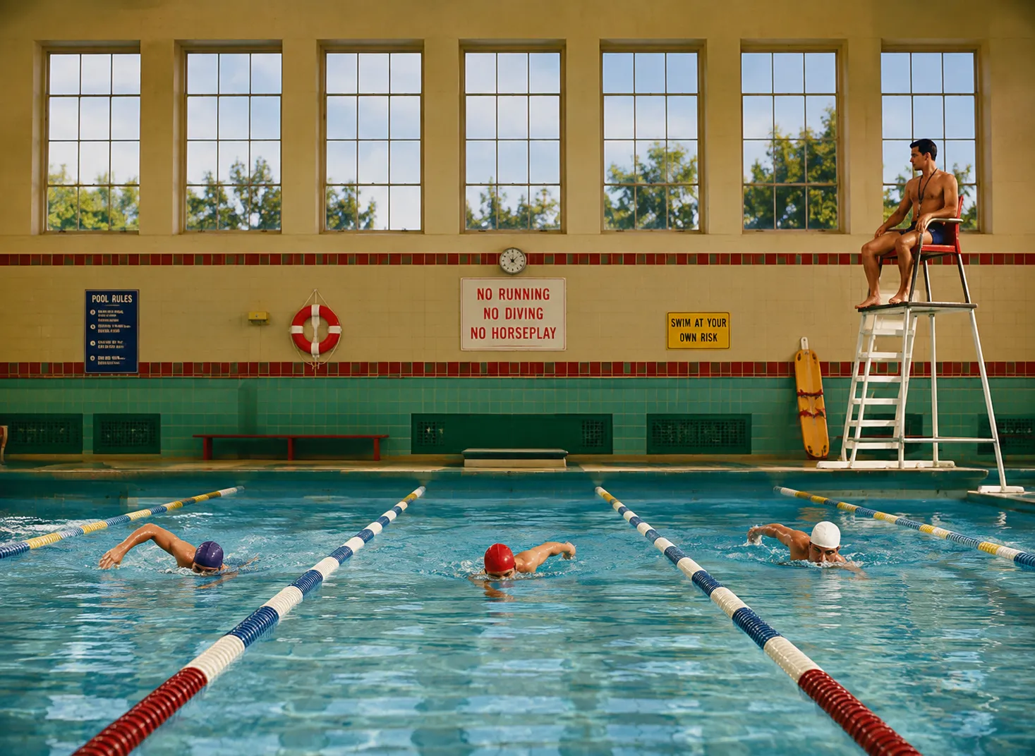 Tiles, water and swimsuits each hold a separate hue right through to the back wall.