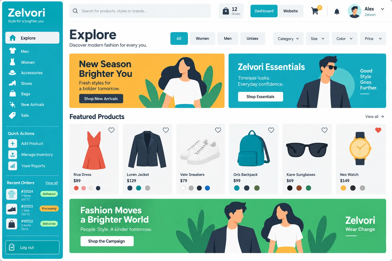 A desktop storefront: sidebar, filters, product cards and a campaign banner.