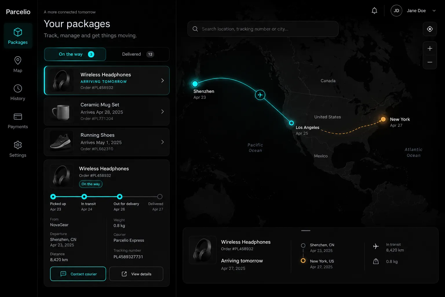 Shipment list beside a full-height map — the style handling a live tracking view.