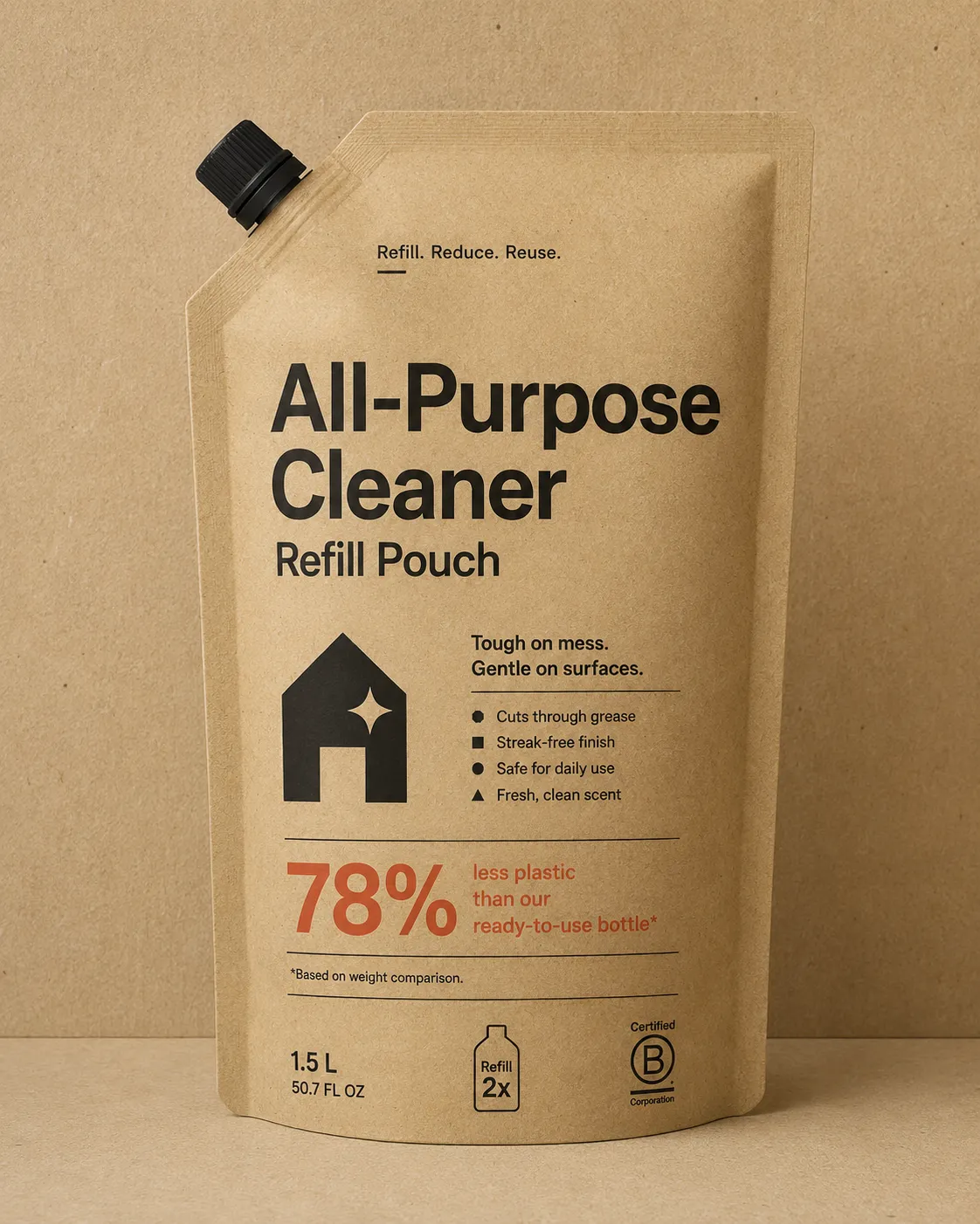 One number doing the entire sustainability claim, with plain material left to carry the rest.