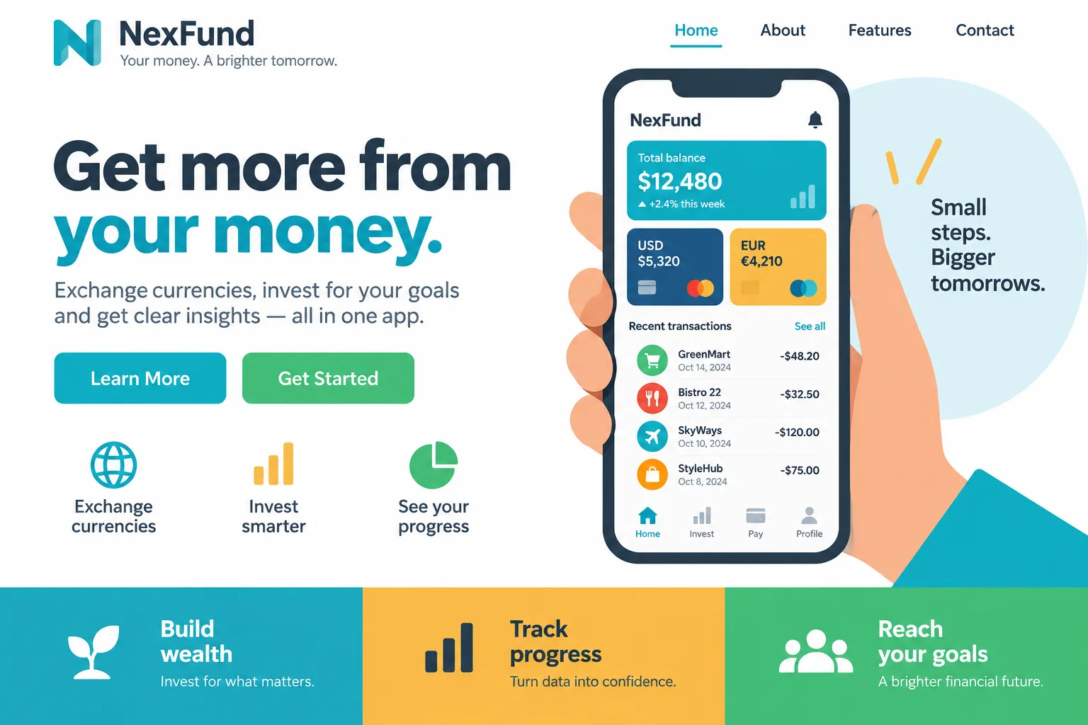 A finance landing page with a device in hand showing cards and transactions.