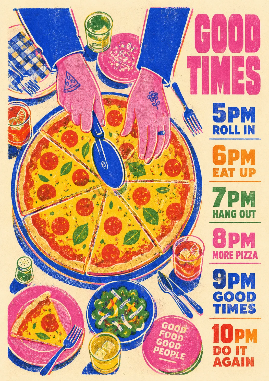 An event flyer testing the style on a busy, object-filled overhead composition.