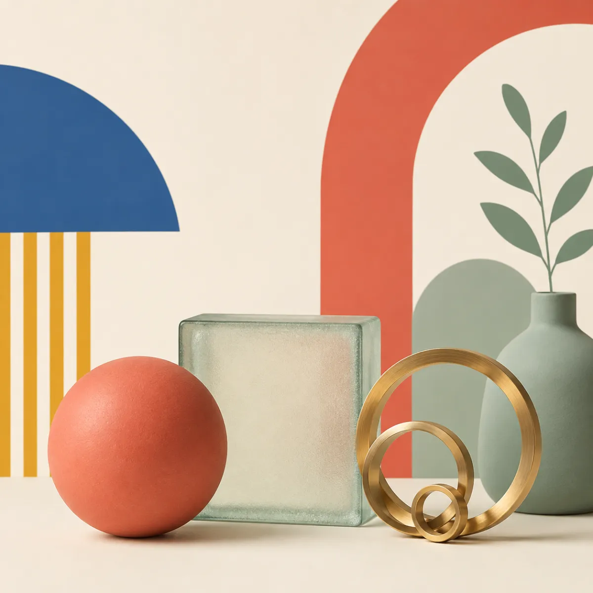 Ceramic sphere, glass block, brass ring cluster.