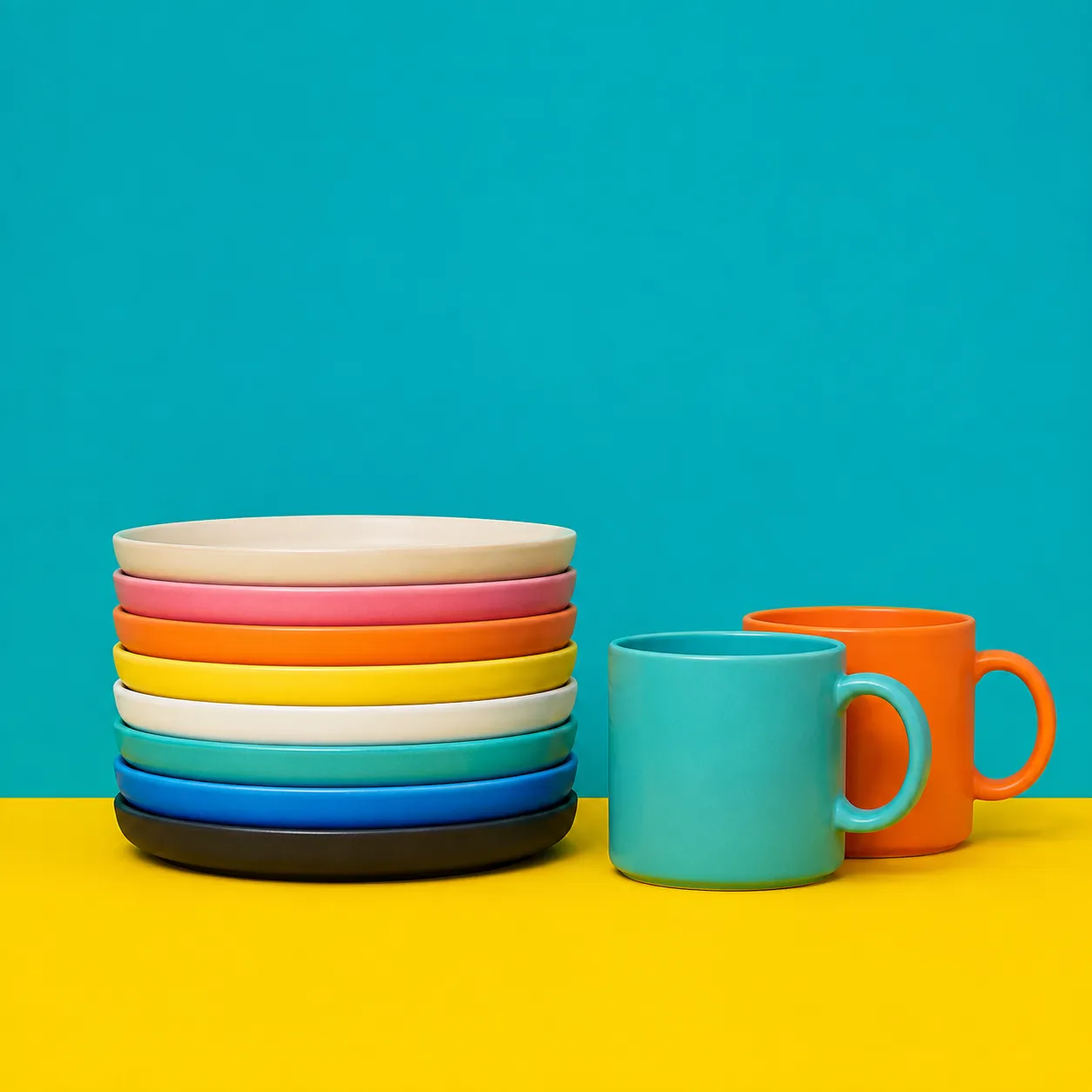 One soft shadow anchors the stack; the ground stays a single flat value.