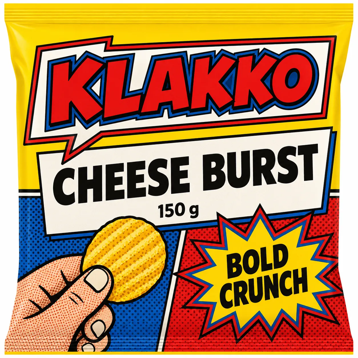 A creasing foil face where the outline has to survive the wrinkle — the burst and the weight are the only things competing with the flavour line.