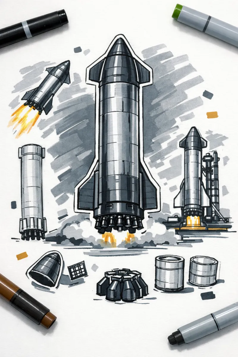SpaceX Starship Rocket , 1 main angle and 2 smaller sketches from 2 angles. around on paper a few small parts some uncolored like Super Heavy booster