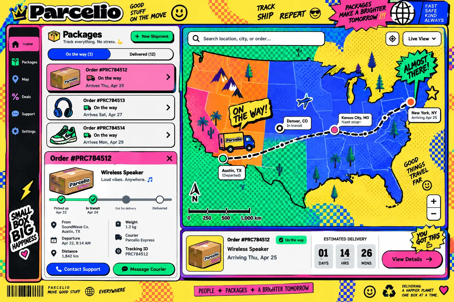Shipment list beside a full-height map — the style handling a live tracking view.