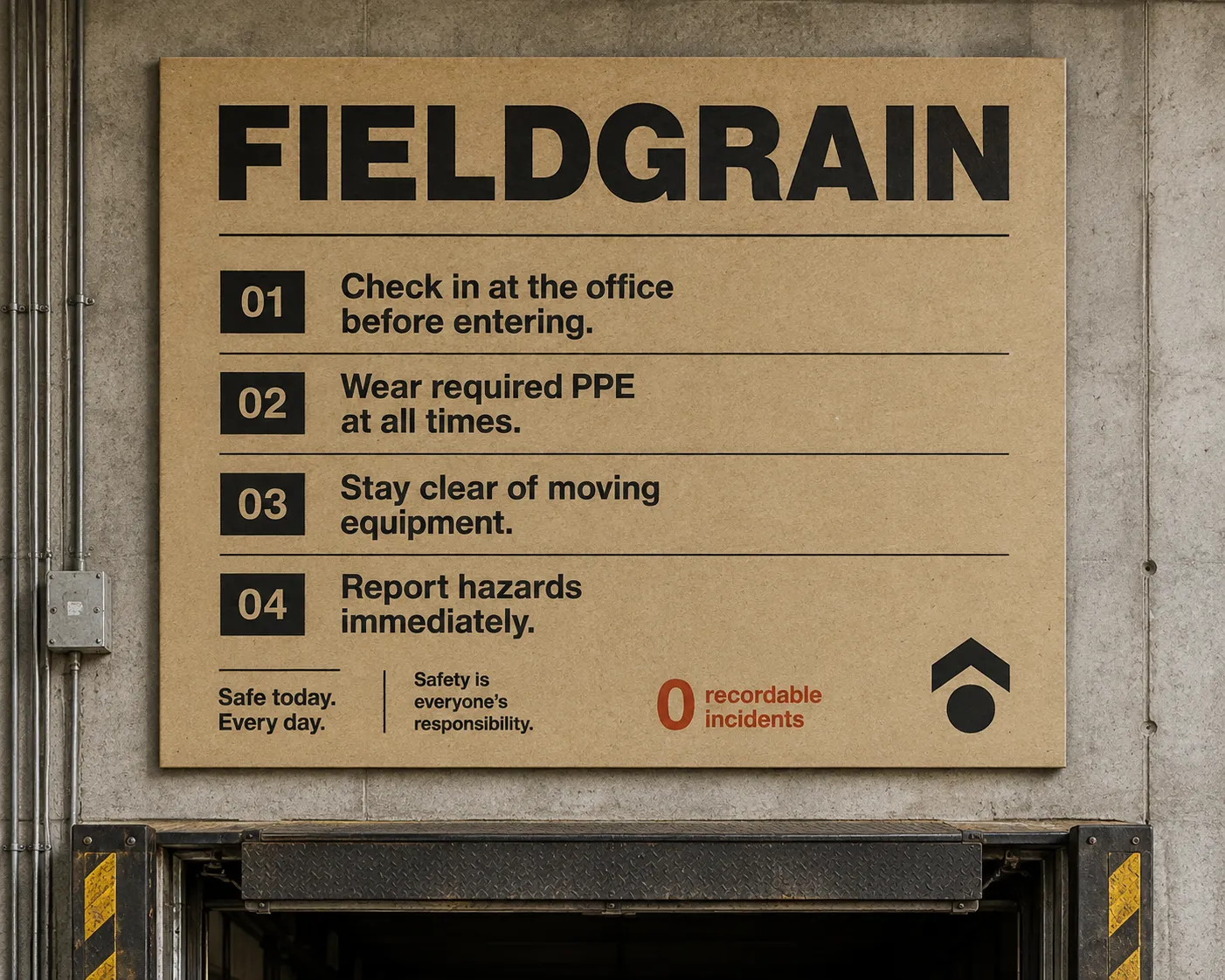 Four numbered instructions and a small symbol — the identity holding up on functional signage with nothing decorative added.