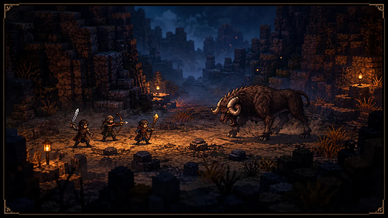 A combat encounter with a large opponent against small figures, showing how the style carries a scale difference inside a single scene.