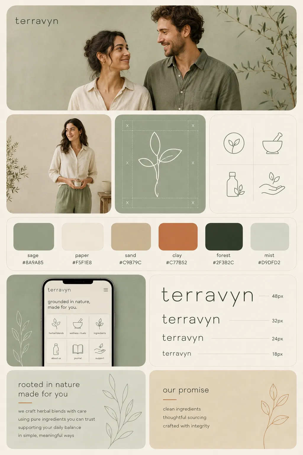 Photography carries the board here rather than colour fields — the calm the palette argues for has to survive next to real faces and hands, and this is the proof.