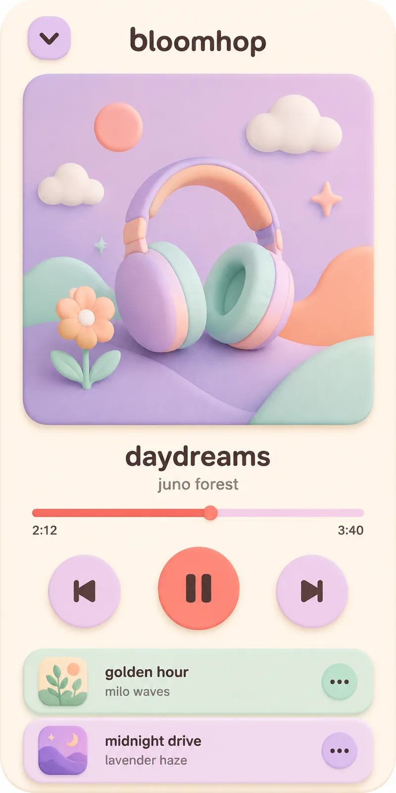 One large panel, one progress bar, three controls — the layout compressed to what a now-playing screen actually needs.