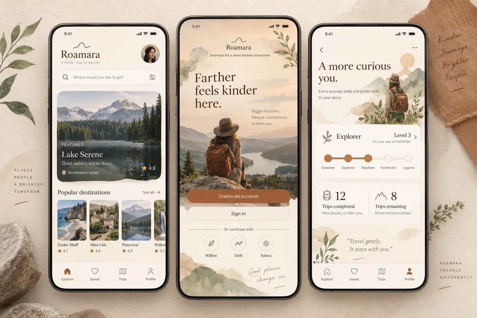 A destination feed, a full-image onboarding and a progress screen in one style.