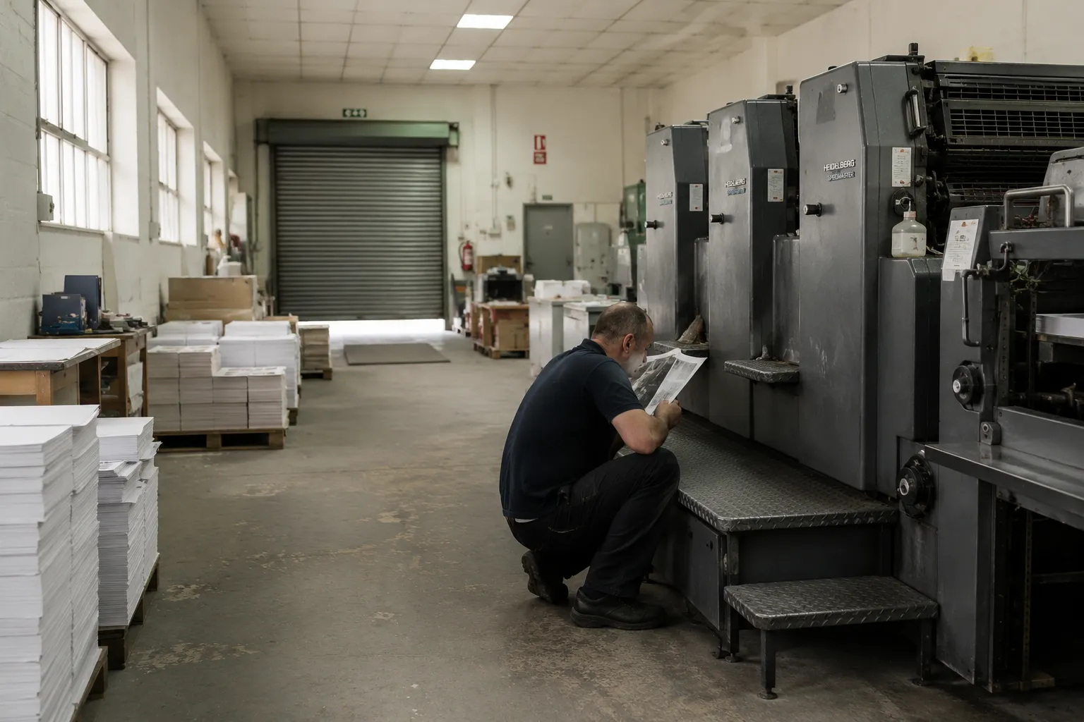 The press stays a matte grey mass and nothing in the workshop glows.