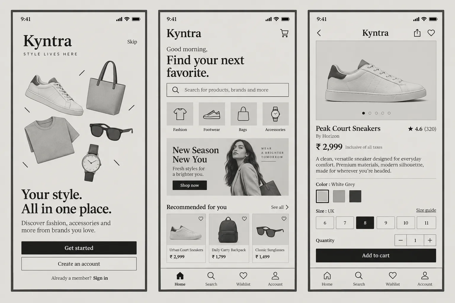 Onboarding, home and product detail — one style across three screens.
