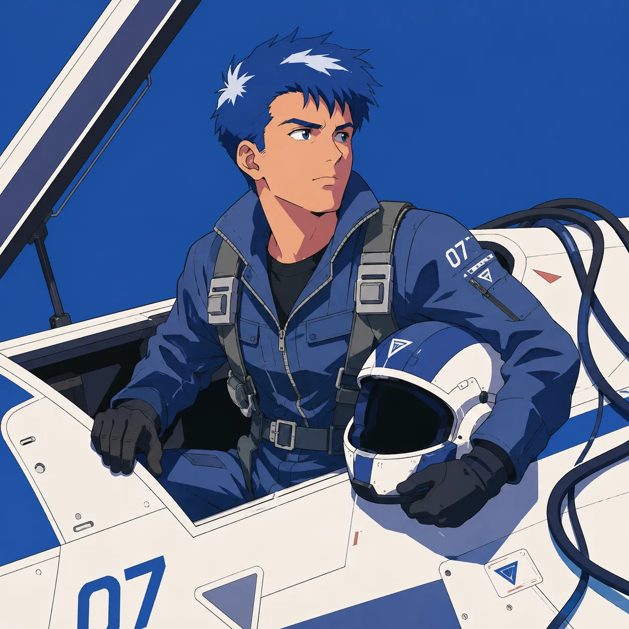 Folds in the flight suit are drawn as shadow shapes, never shaded.