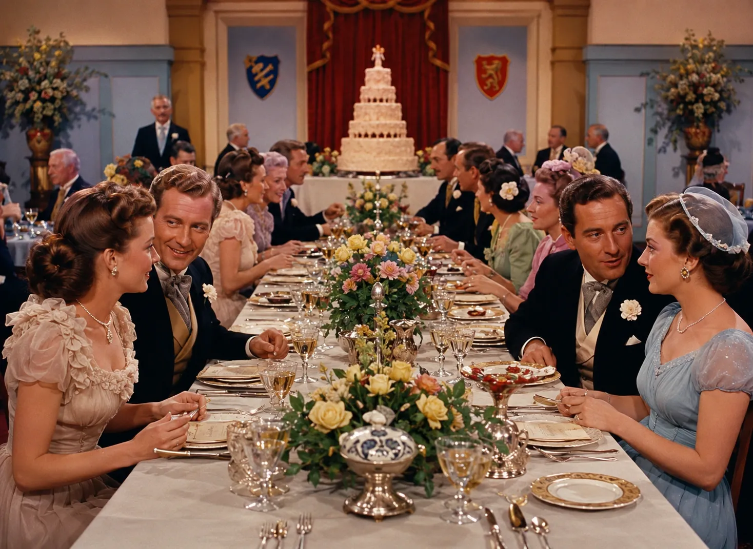 Skin stays warm and luminous while the table settings hold full strength around it.