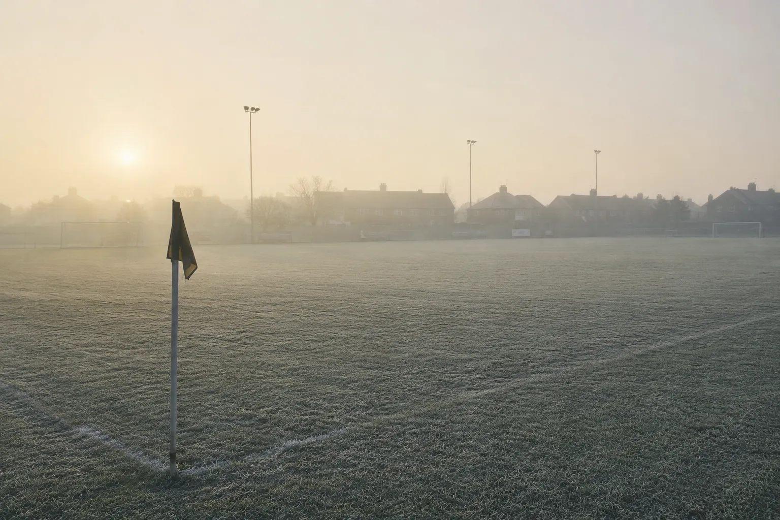 The far goal and the houses behind it flatten into the same pale grey.
