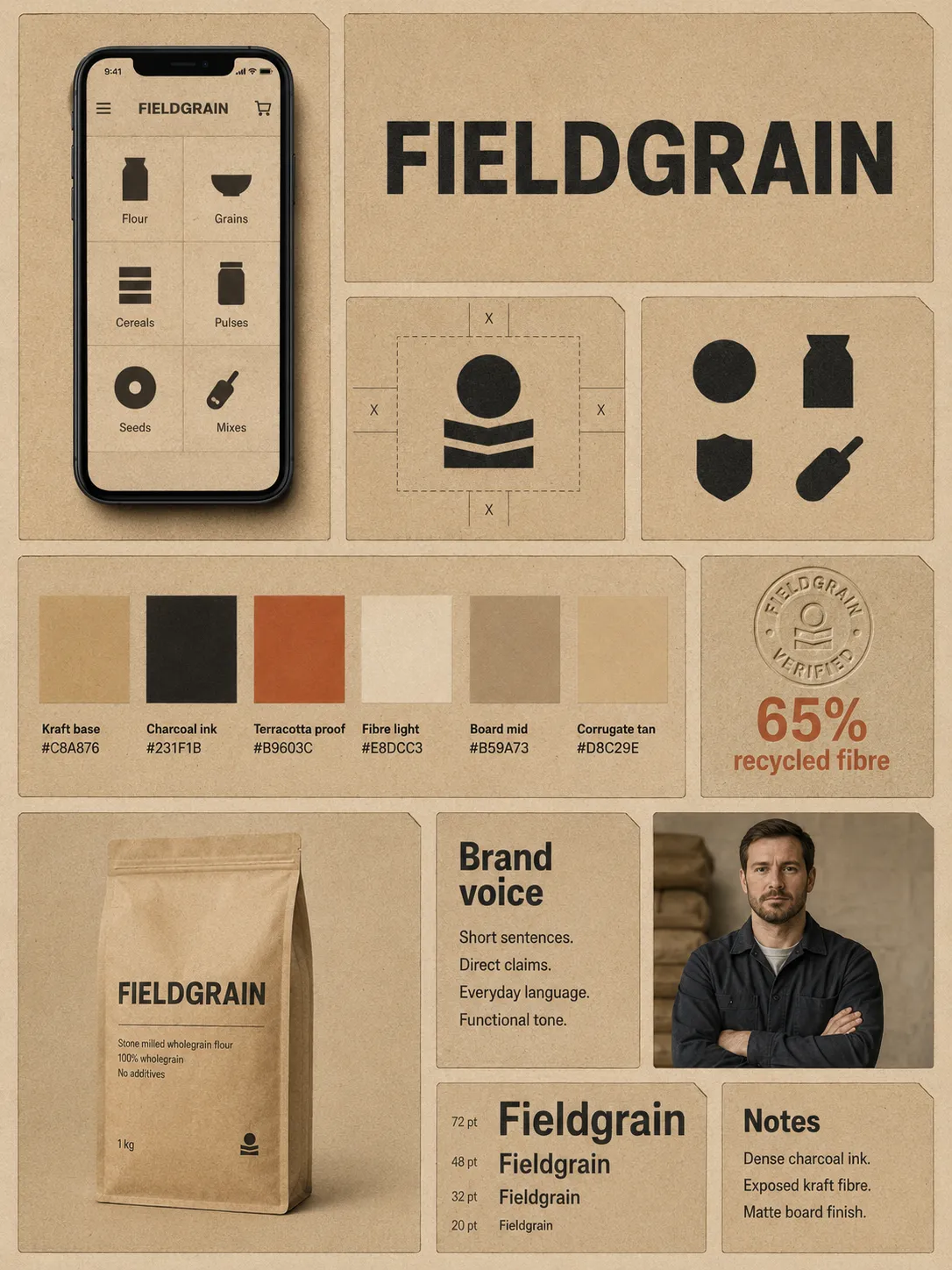 No green anywhere on the board — the kraft ground and one terracotta swatch carry the whole sustainability signal instead.