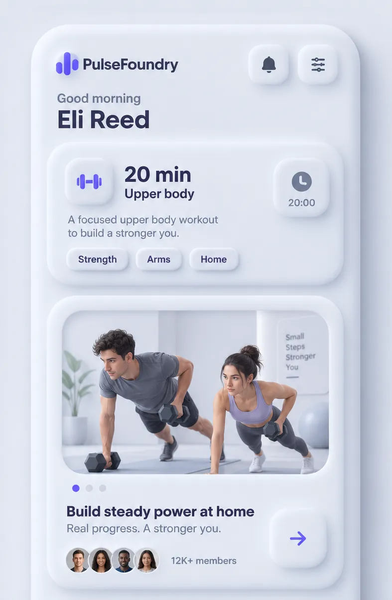 One workout home screen — greeting, summary, program card and bottom navigation.