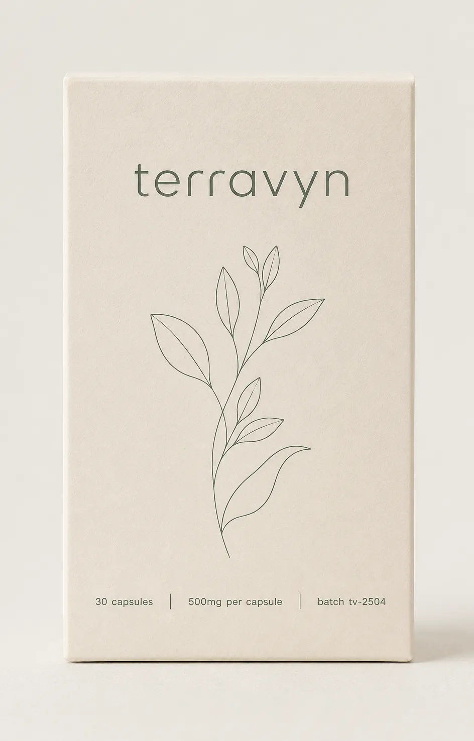 One drawing, one wordmark, three lines of dosage information — nothing else competes for the front face.