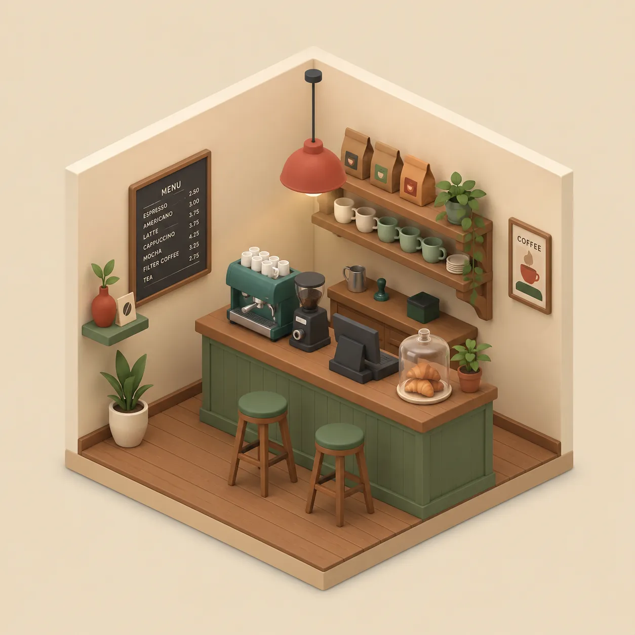 A cafe counter shown as a floating cutaway room in the Isometric Room Diorama style.