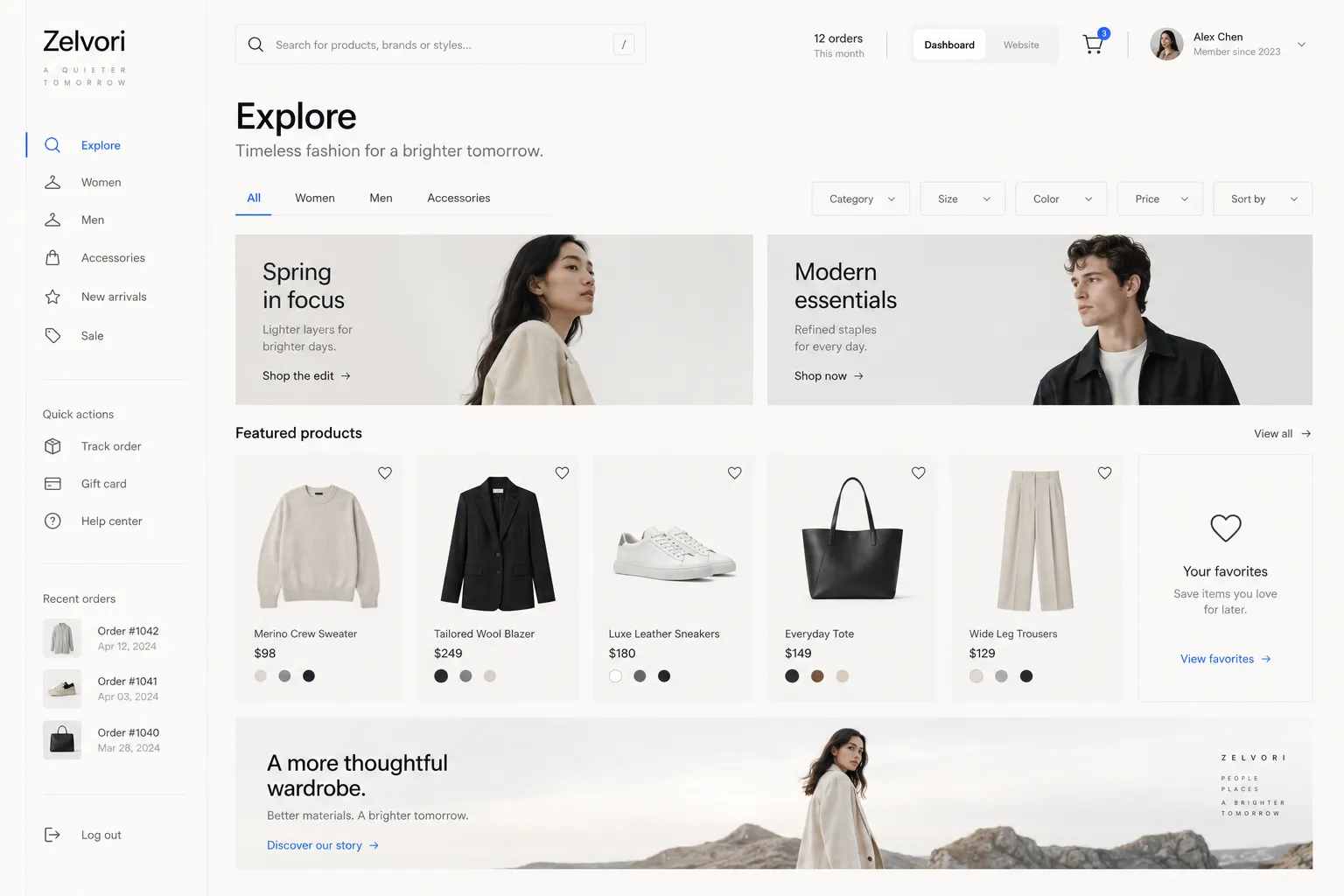 A desktop storefront: sidebar, filters, product cards and a campaign banner.