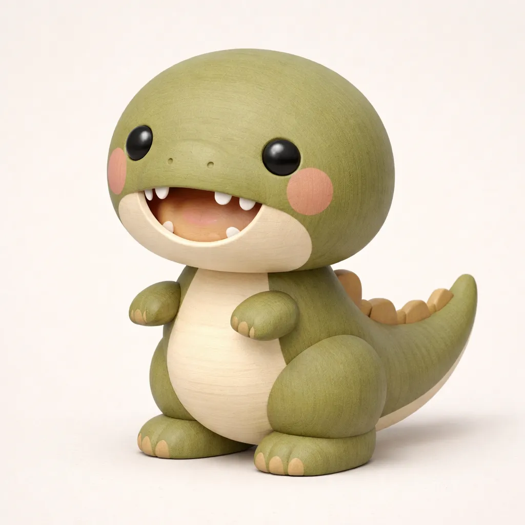 A wooden dinosaur toy, open mouth showing molded teeth, a long tail, and two short front arms.