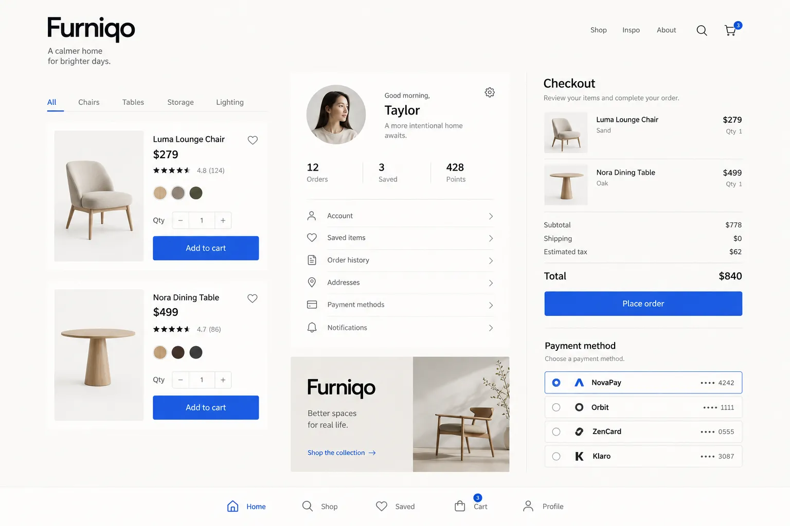 A three-column UI kit — product cards, checkout, tabs and payment rows under one treatment.