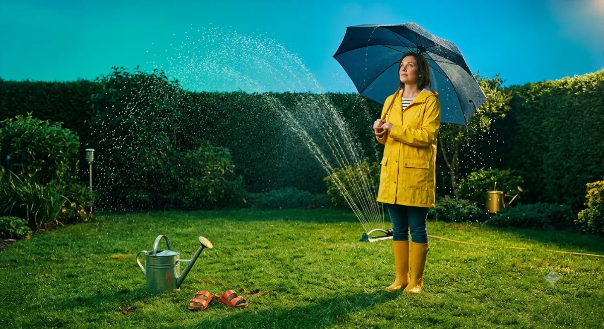 A woman in a yellow raincoat and boots holding an open umbrella, standing on a bright green lawn under a garden sprinkler, cloudless sky above. A watering can and a pair of sandals on the grass beside her.