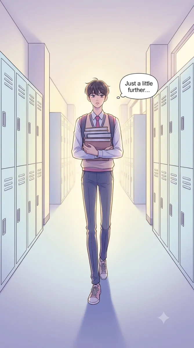 A slice-of-life hallway scene, the same style working well beyond a hero portrait.
