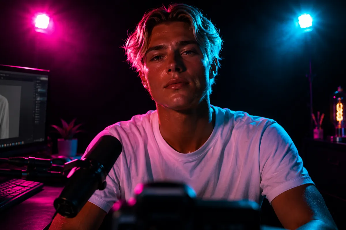 a young swedish designer, siting in his home-office stdio, streaming a video tutorial. colorful, solid white shirt, colorful decorative elements. 3:2