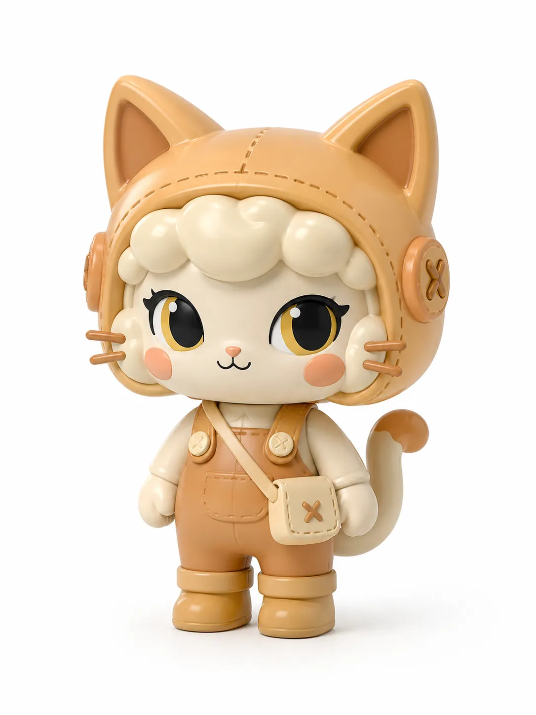 A house cat reimagined as a pocket-sized collectible figure — the vinyl-toy look holds across every angle of this render.