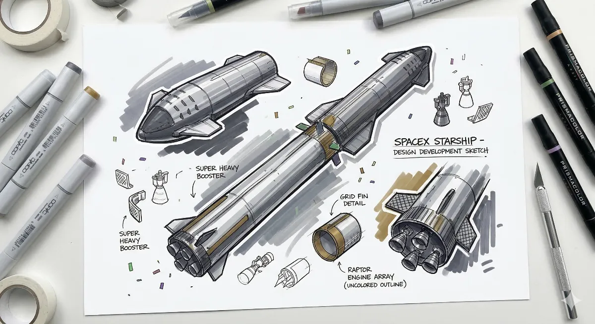 SpaceX Starship Rocket , 1 main angle and 2 smaller sketches from 2 angles. around on paper a few small parts some uncolored like Super Heavy booster