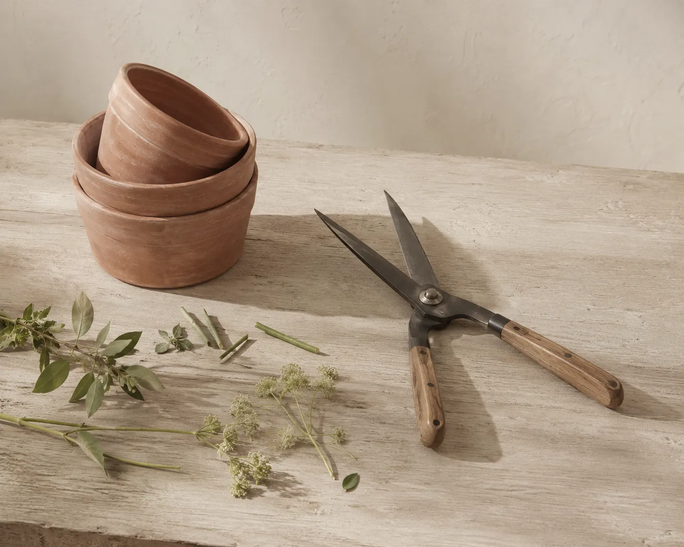 Tool, pots and stems sit apart, so each reads as its own material.
