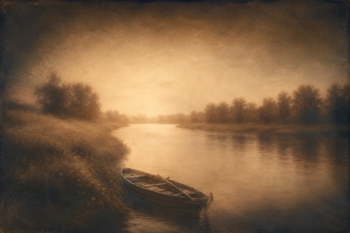 Water, bank, and treeline all carry the same hazy, low-contrast treatment.