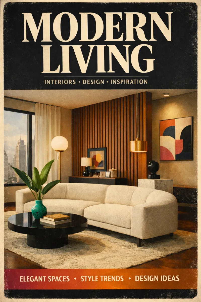 Design a vertical minimal magazine cover with an photo-realistic quality of an modern interior design