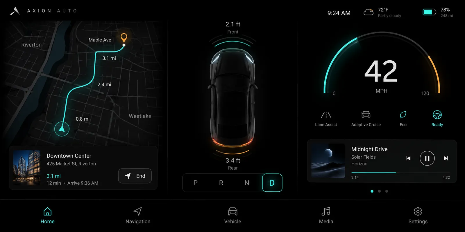 An in-car display: map, proximity view and a large speed gauge in one wide frame.
