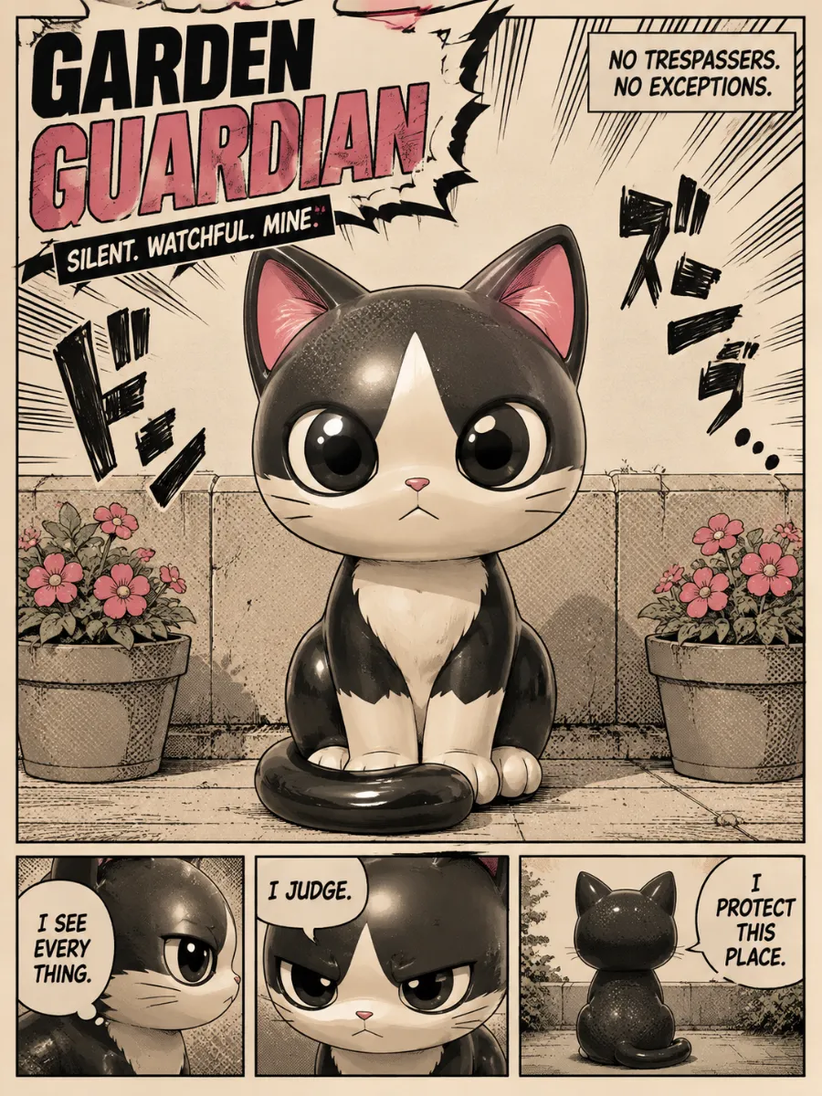 A cat sitting upright and facing forward, tail curled around its front paws, with a low wall behind it and two flowerpots placed one at each side.