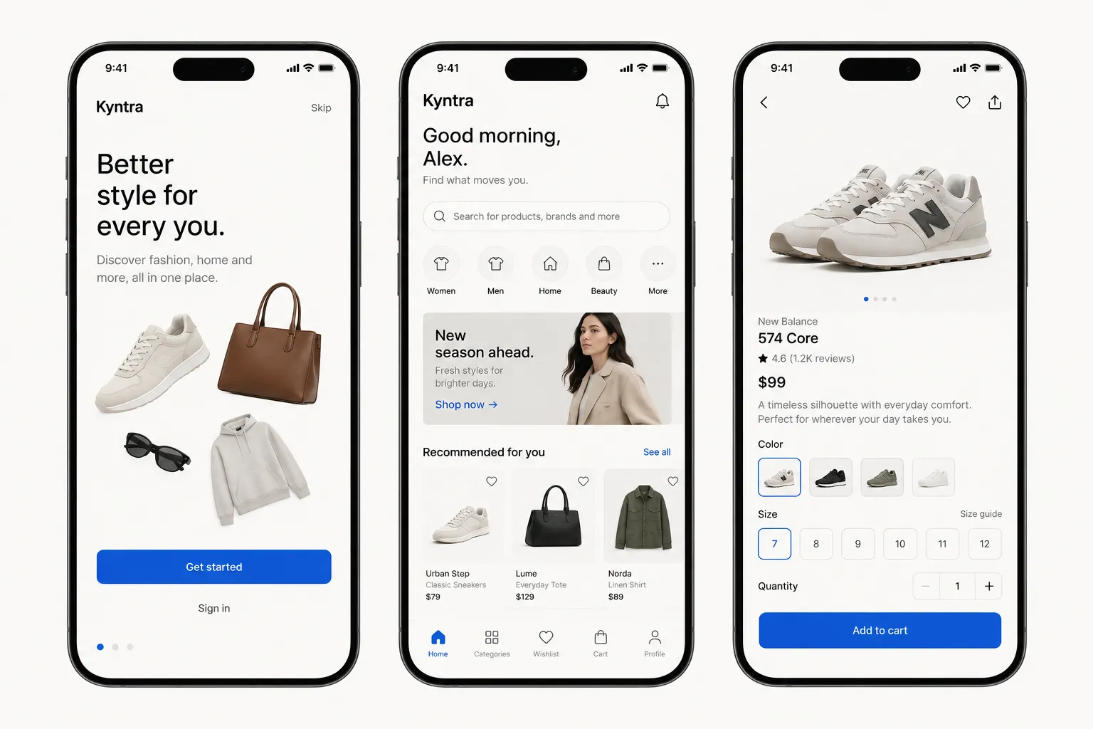 Onboarding, home and product detail — one style across three screens.