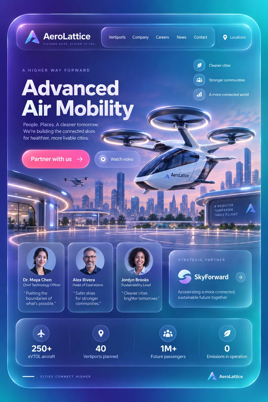 A hero built around a large product object, with avatars and a partner card.